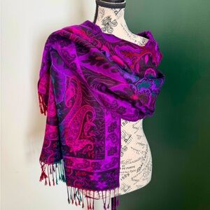 Dark pink and purple handwoven scarf or wrap.